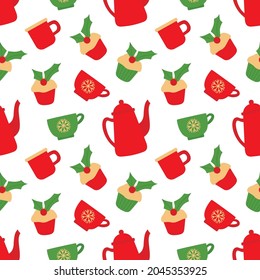 Vector seamless pattern of tea cups, teapots, cupcakes decorated with holly in red and green colors. Christmas illustration for printing on fabric, clothing, gift paper, packaging, etc.