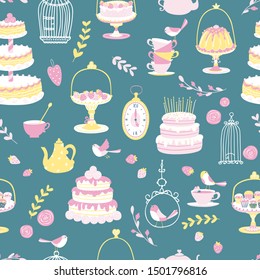 Vector  Seamless pattern. Tea and Different Birthday cakes. illustration in simple cartoon hand-drawn Scandinavian style. Vintage pastel colors.