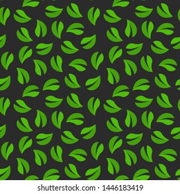 Vector seamless pattern with tea leaves on dark background. Wallpaper for website, cafe or textile.