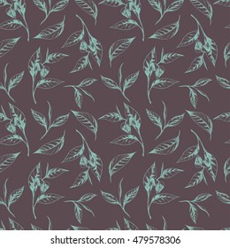 Vector seamless pattern with tea leaves. Hand drawn botanical illustration in vintage style for print, fabric, wrapping, web page and other seamless design. Green oh brown.