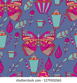 Vector seamless pattern with tea pots and tea cups. Seamless doodles abstract background with flowers and butterflies.