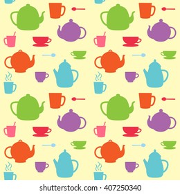 Vector seamless pattern of tea pots and cups