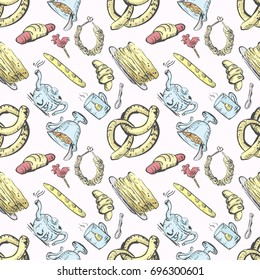 Vector seamless pattern tea set and pastry and sweets