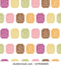 Vector seamless pattern of tea tags. Drawn illustrations of teapots with various natural tea in pastel colors.