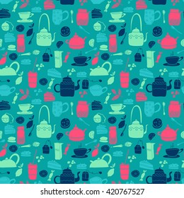 Vector seamless pattern. Tea theme. Colored hand drawn cartoon tea objects. Blue and pink