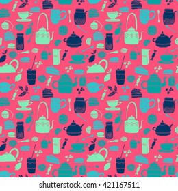 Vector seamless pattern. Tea theme. Colored hand drawn cartoon tea objects. Blue and pink