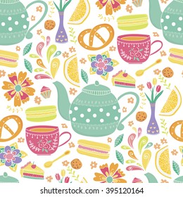 Vector seamless pattern "Tea Time" with teapot,macarons,cake,cup,flowers. Printable illustration