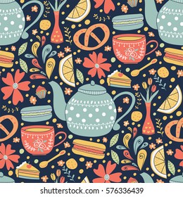 Vector seamless pattern "Tea Time" with teapot,macarons,cake,cup,flowers. Colorful background