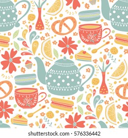 Vector seamless pattern "Tea Time" with teapot,macarons,cake,cup,flowers. Colorful background