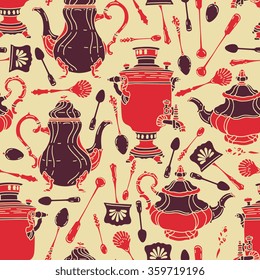 Vector seamless pattern with tea utensils objects. Samovar, teapot and spoon