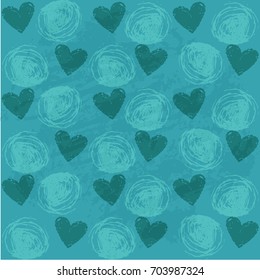 Vector seamless pattern with teal color hearts on green mint background, hand drawn background with symbols of love, romantic texture