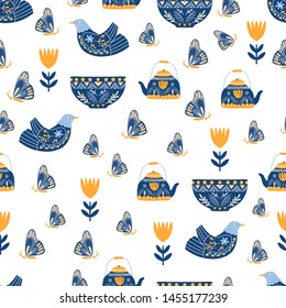 Vector seamless pattern with teapot , birds, butterflies, tulips, on white background. Scandinavian and Folk art style. Tea time illustration