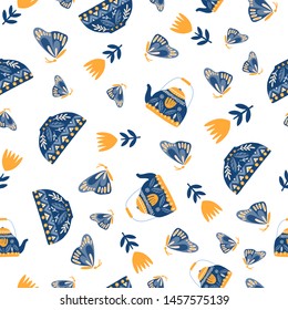 Vector seamless pattern with teapot , butterflies, tulips, on white background. Scandinavian and Folk art style. Tea time illustration