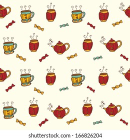 Vector seamless pattern with teapot, cups and candies.