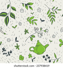 vector seamless pattern with teapot and floral elements