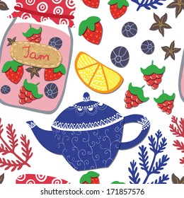 Vector seamless pattern with teapot, jar with jam, lemon, different berries, stars and floral elements