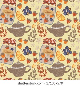Vector seamless pattern with teapot, jar with jam, lemon, different berries, stars and floral elements