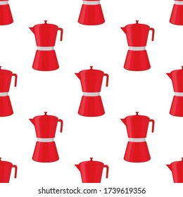 Vector seamless pattern with teapot, red kettle for coffee or tea. Domestic kitchenware in cartoon flat style.