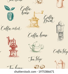 Vector seamless pattern with teapots, coffee beans, coffee grinders. Hand-drawn background on a tea and coffee theme with colored sketches and black inscriptions on a light backdrop