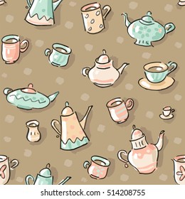 Vector seamless pattern with teapots, coffee pots and cups, on brown background