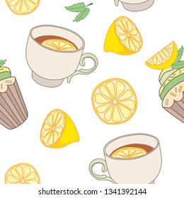 Vector seamless pattern with teapots, cups of tea, lemons on a white background. Endless texture for wallpaper, web page background, wrapping paper.