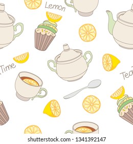 Vector seamless pattern with teapots, cups of tea, lemons on a white background. Endless texture for wallpaper, web page background, wrapping paper.