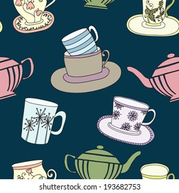 Vector seamless pattern with teapots and cups