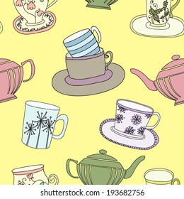 Vector seamless pattern with teapots and cups