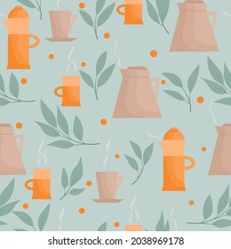 Vector seamless pattern with teapots and cups. Tea ceremony in the English style. Tea set in orange shades. 