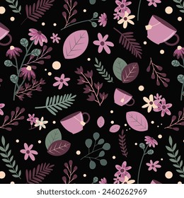 Vector seamless pattern with teapots, cups, flowers, branches. Hand drawing vintage texture. Retro tea background.