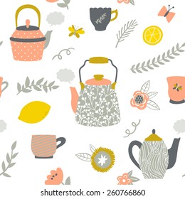 Vector seamless pattern with teapots, cups, lemon, flowers, branches. Hand drawing vintage texture. Retro tea background.