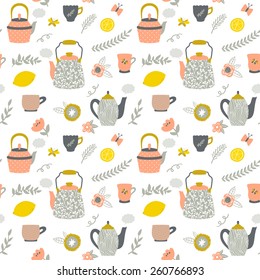 Vector seamless pattern with teapots, cups, lemon, flowers, branches. Hand drawing vintage texture. Retro tea background.