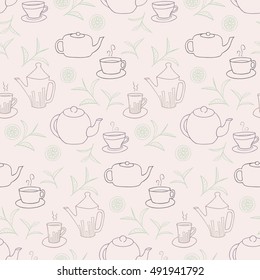Vector seamless pattern with teapots, cups, lemon and tea twigs. Seamless contour pattern. Design for textile, paper, wrapping. Vector illustration.