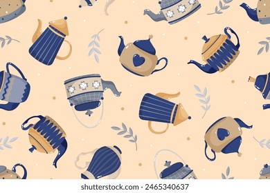 Vector seamless pattern with teapots, eps. Beige and blue colors. Tea time