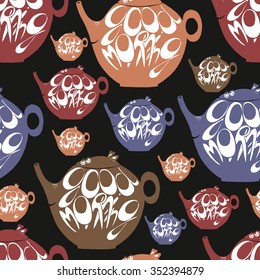 Vector seamless pattern with teapots and lettering "Good morning".