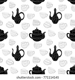 Vector seamless pattern of teapots in Scandinavian style. Used for wallpapers, backgrounds, wrapping paper.