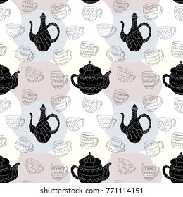 Vector seamless pattern of teapots in Scandinavian style. Used for wallpapers, backgrounds, wrapping paper.