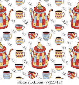 Vector seamless pattern of teapots in Scandinavian style. Used for wallpapers, backgrounds, wrapping paper.