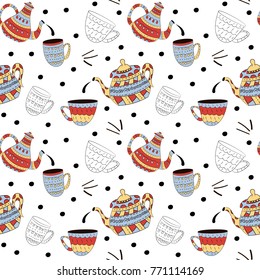 Vector seamless pattern of teapots in Scandinavian style. Used for wallpapers, backgrounds, wrapping paper.