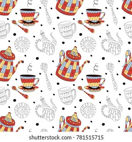 Vector seamless pattern of teapots. spoons and plates in Scandinavian style on a white background . Used for wallpapers, backgrounds, wrapping paper.