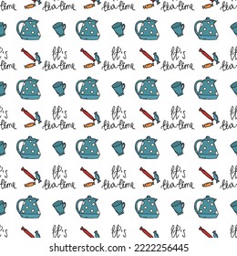 Vector seamless pattern with teapots and teacups.
