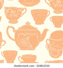 Vector seamless pattern with teapots, teacups, spoon. Retro tea background in vivid colors.
