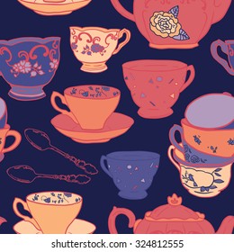 Vector seamless pattern with teapots, teacups, spoon. Retro tea background in vivid colors.