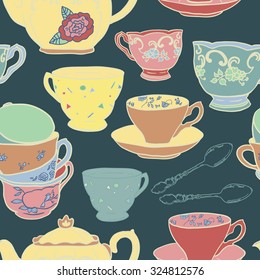 Vector seamless pattern with teapots, teacups, spoon. Retro tea background in vivid colors.