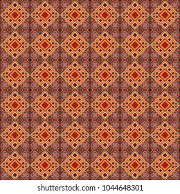 Vector seamless pattern. Technologic fabric tile card cover print badge. Geometric design template with yellow, brown and red elements. Background, texture with pop art effect.