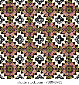 Vector seamless pattern. Technologic fabric tile card cover print badge. Geometric design template with orange, black and white elements. Background, texture with pop art effect.