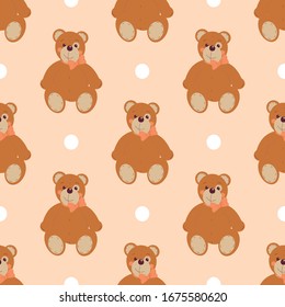 Vector seamless pattern with teddy bear on pink peach background with white dots.Tender vector childish ornament.