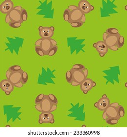 Vector seamless pattern with teddy bear and spruce