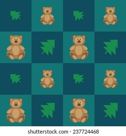 Vector seamless pattern with teddy bear and spruce