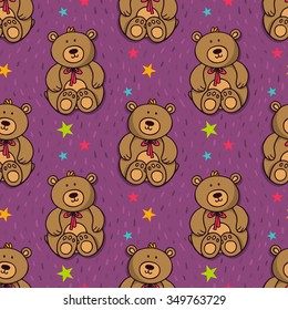 Vector seamless pattern with teddy bear - cute stuffed toy - and stars
